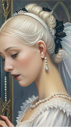 (((oil painting))), White Queen from “Through the Looking-Glass”, pure female, wearing white lace dress, pearl tiara, pearl necklace. looking at viewer compassionately, symmetric face, symmetric eyes, chignon white hair, pale skin, small bust, against chessboard background, (((Gothic art style, art by Simone Martini)))