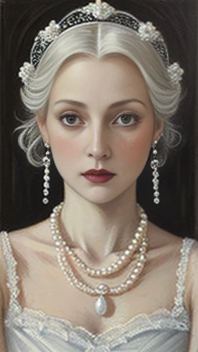 (((oil painting))), White Queen from “Through the Looking-Glass”, pure female, wearing white lace dress, pearl tiara, pearl necklace. looking at viewer compassionately, symmetric face, symmetric eyes, chignon white hair, pale skin, small bust, against chessboard background, (((Gothic art style, art by Simone Martini)))