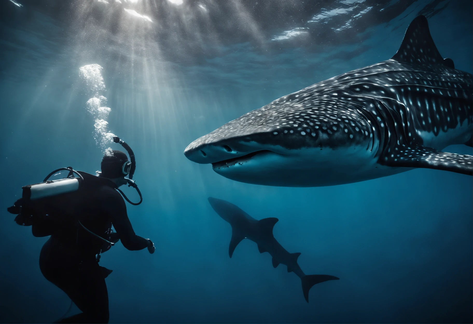 Big breasted diver and whale shark
