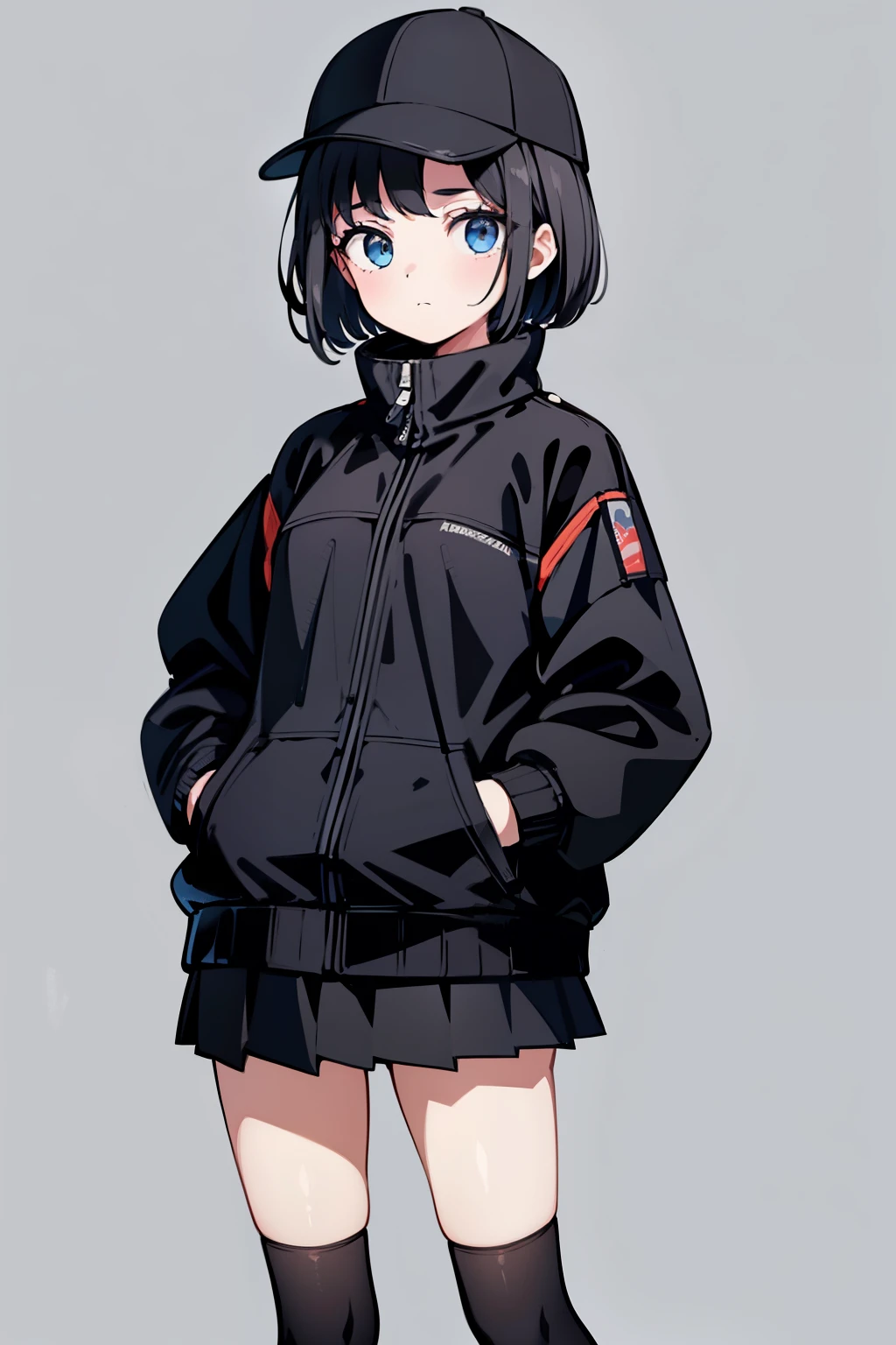 1girl, solo, blue eyes, (detailed eyes), flat chest, short hair, black hair, baseball cap, white cap, (waterproof jacket), large jacket, ((black jacket)), skirt, black skirt, black socks, standing, (hands in pockets), ((closed sweater)), upper body, (white background), Transparent background, looking at viewe, ((masterpiece, illustration, best quality)) 