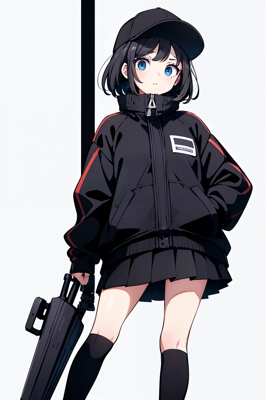 1girl, solo, blue eyes, (detailed eyes), flat chest, short hair, black hair, baseball cap, white cap, (waterproof jacket), large jacket, ((black jacket)), skirt, black skirt, black socks, standing, (hands in pockets), ((closed sweater)), upper body, (white background), Transparent background, looking at viewe, ((masterpiece, illustration, best quality)) 