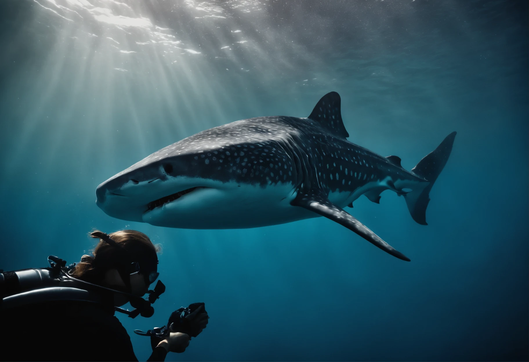 Big breasted diver and whale shark