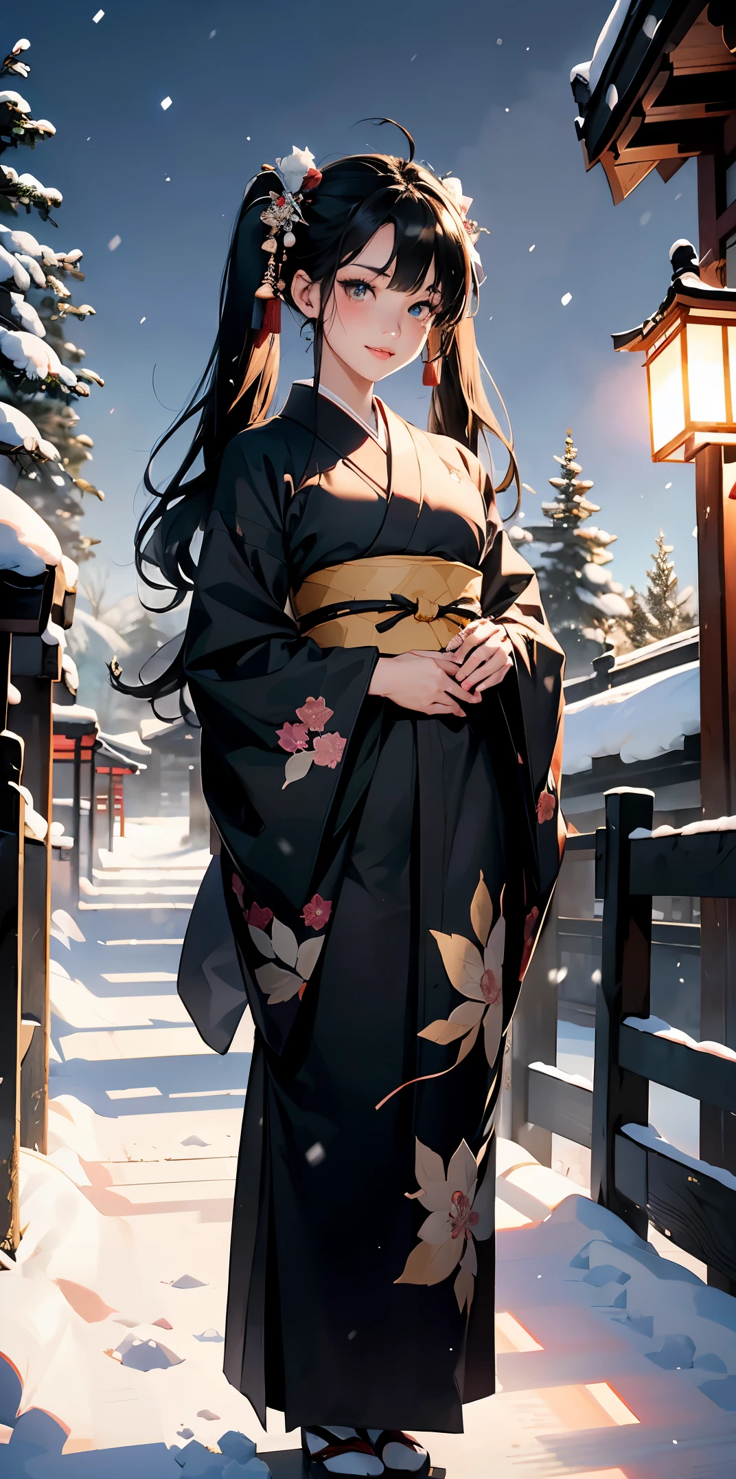 masterpiece、High resolution 8K、NSFW、sharp focus、contrast lighting、fine skin、 ultra high resolution、ultra high resolution、Detailed CG、snow scene at night、moon、moon flare、lanthanum、石のlanthanum、that'that'that'that'It's snowing、Former shrine of Japan、temple、Scenery with the main shrine torii gate - Angle、Descend the long stone steps in the pine forest、full body shot、Beautiful woman、beautiful eyes、(detailed face and iace:1 2)、narrow eyes、almond eye、brown eyes、gradation eye、highlight:1.2)、(beautiful black hair、middle、asymmetrical bangs、twin tails)、(Woman in Japan kimono)、(plump lips、glossy lips、small chest size) 、(oval face : 1.4)、(thin fingered arms、detailed human hand)、half-open smile、teeth visible、long shot