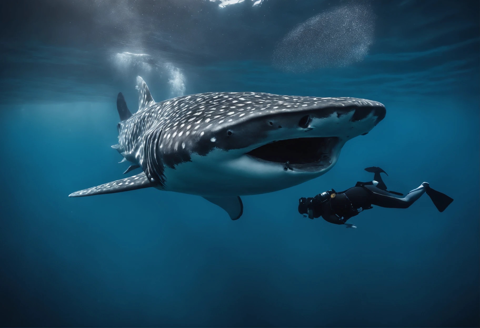 Big breasted diver and whale shark