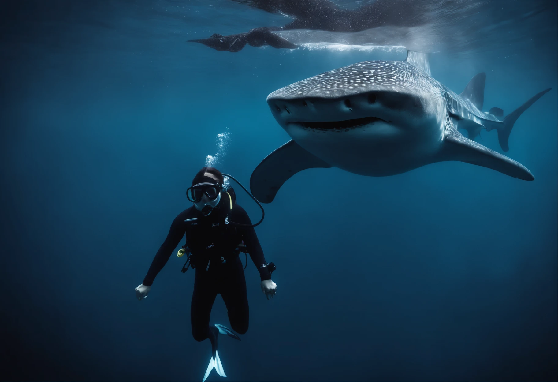 Big breasted diver and whale shark
