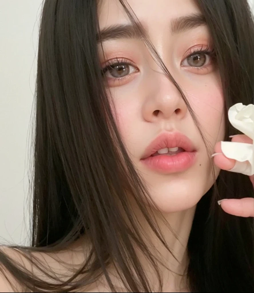hay una mujer con el pelo largo y negro sosteniendo un trozo de papel, ulzzang, jennie rosa negro, hermosa mujer surcoreana, pale and light skin!!, maquillaje popular de corea del sur, rasgos de la cara coreana, thin pale lips, heonhwa choe, muchacha coreana, maquillaje coreano popular, labios claros y de alta calidad, jaeyeon nam, Jinyoung Shin, hermoso rostro estetico, New jeans Hanni