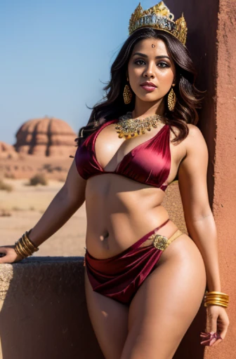 beautiful gorgeous glorious bollywood actress, desert background, in attractive tribal queen outfit, pretty face, beautiful glorious face, very fine face details, necklace, tribal queen crown, bright eyes, brown lipstick, thin nose, burgundy long wel arranged hair, nice legs, thick thigh, hourglass figure, perfect body, 4K details, ultra high resolution, skin fine details,