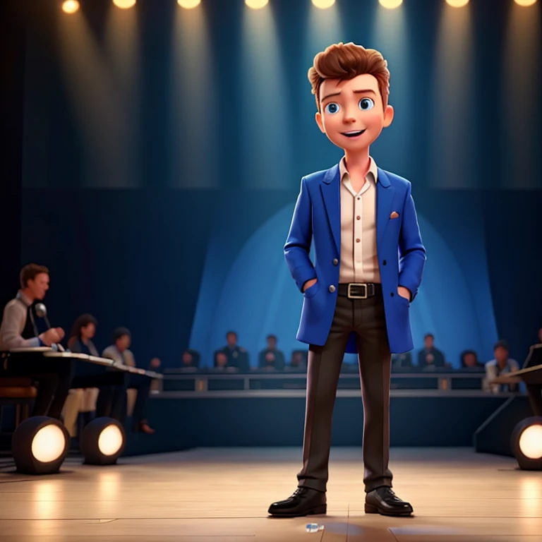 Rick astley standing behind the mic singing
