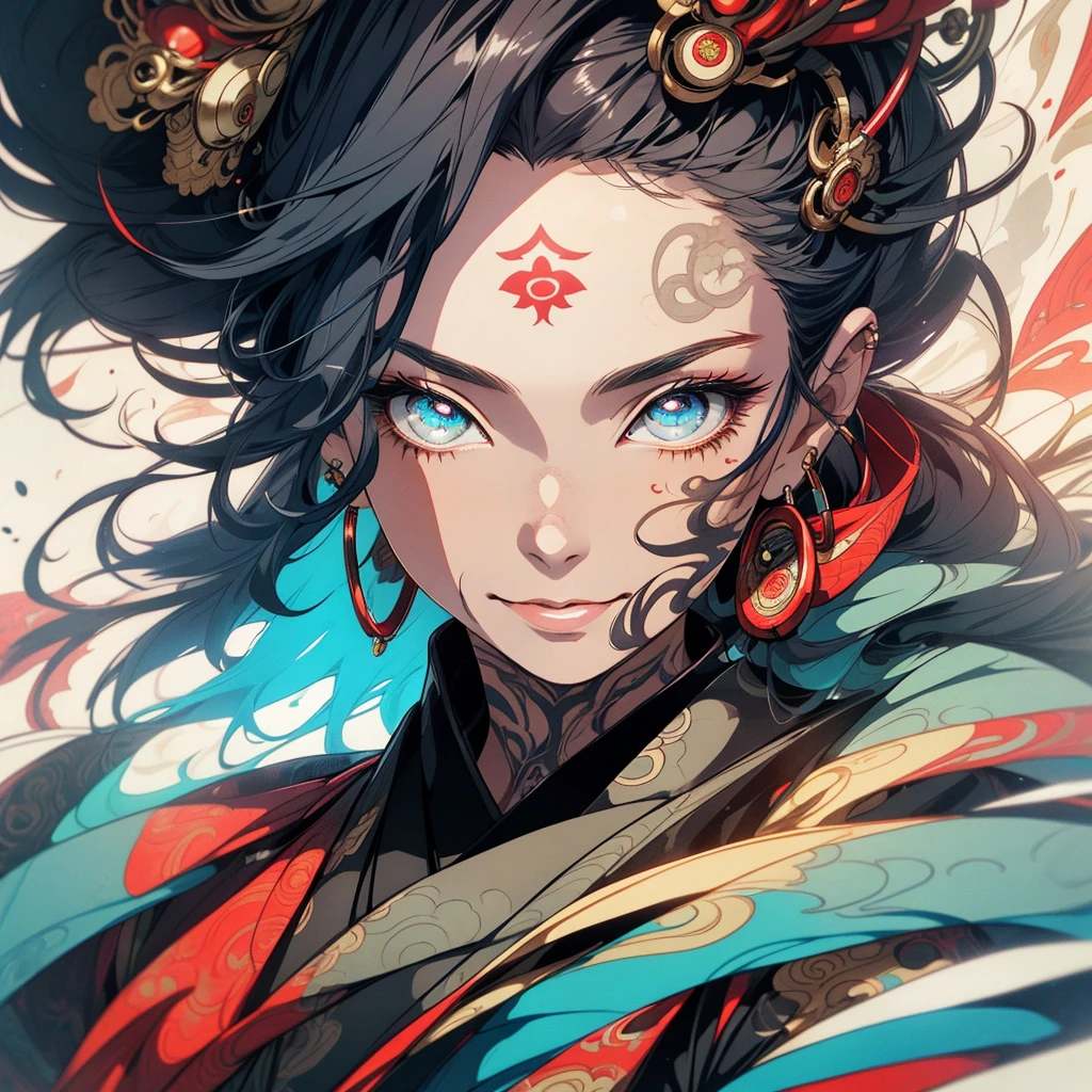 (((highest quality))),(((detailed eyes))),(((32k))),(1 girl),hair,(tattoo),cyber punk,kimono,((Luxurious and gorgeous)),Shiny skin,earrings,flashy,((Super beautiful woman)),(perfect face),Japanese sword,ultimate texture,official art,Ukiyo-e,stylish,photograph,perfect body,smile,Bewitching,Highest image quality,distinct,real,fantasy,(Near the future),Hannya mask,Fox mask,ninja,perfect eyes,
