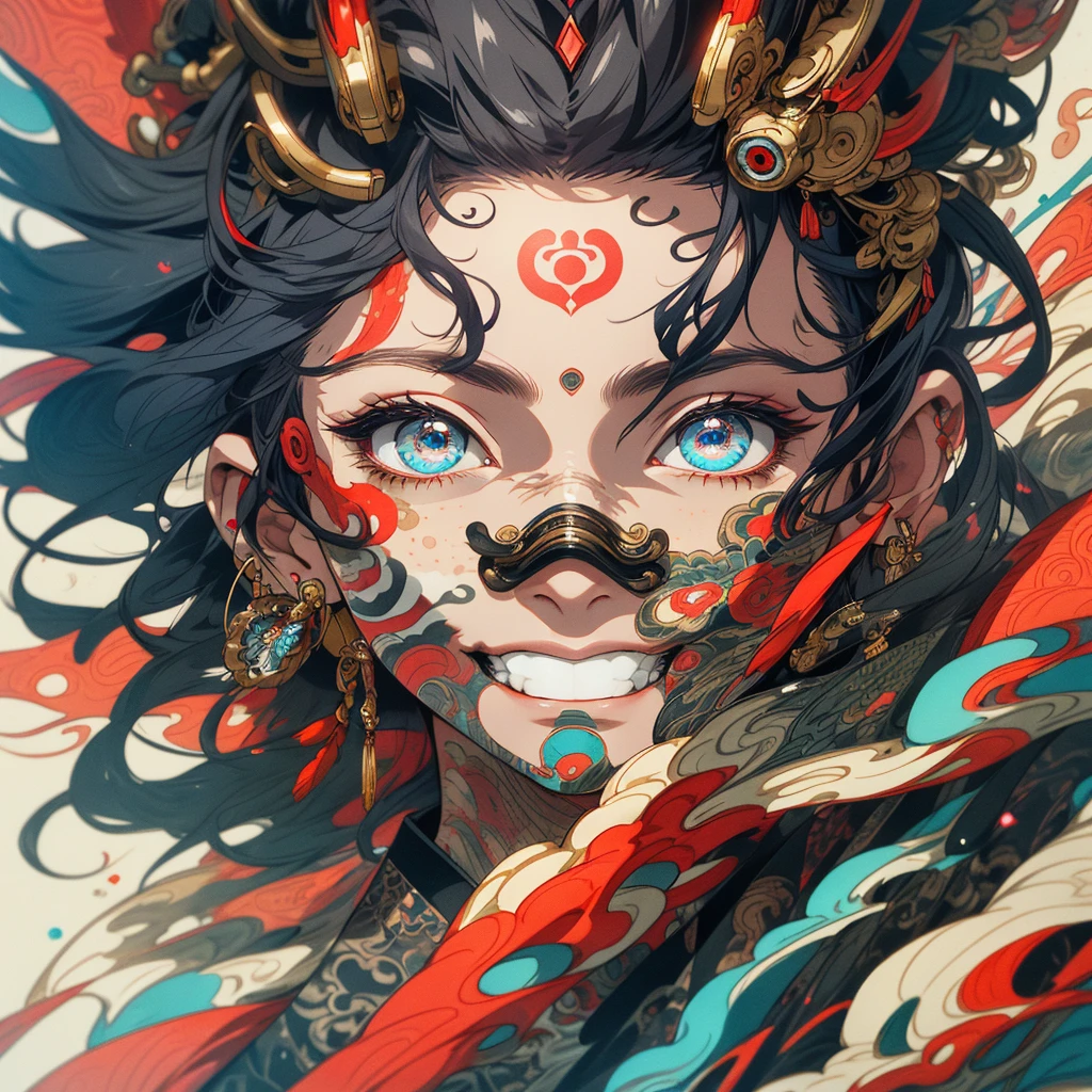 (((highest quality))),(((detailed eyes))),(((32k))),(1 girl),hair,(tattoo),cyber punk,kimono,((Luxurious and gorgeous)),Shiny skin,earrings,flashy,((Super beautiful woman)),(perfect face),Japanese sword,ultimate texture,official art,Ukiyo-e,stylish,photograph,perfect body,smile,Bewitching,Highest image quality,distinct,real,fantasy,(Near the future),Hannya mask,Fox mask,ninja,perfect eyes,