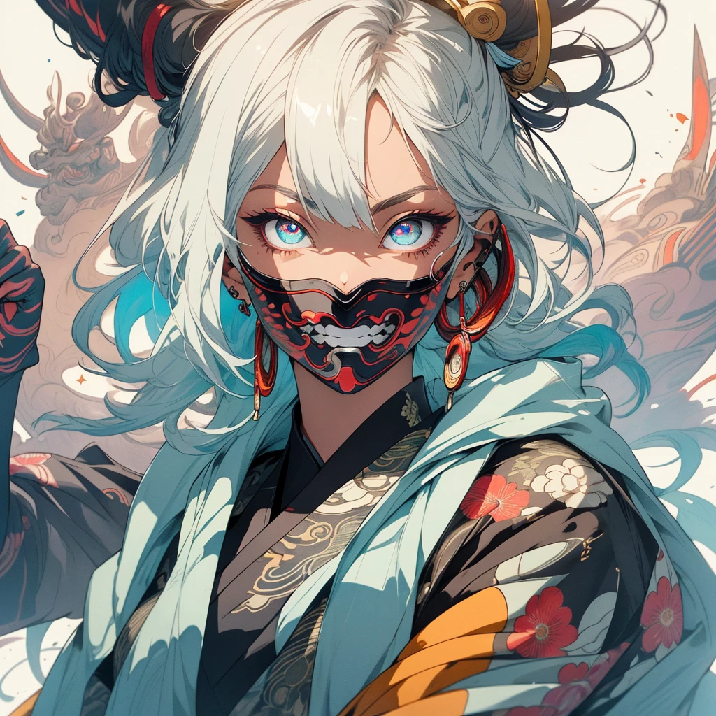 Realism, masterpiece, best quality, beauty and aesthetics, very detailed, fractal art, colorful, most detailed, zentangle, abstract background: 1.5, 1 boy: 1.3, god, white hair, long hair, hannya, oni mask, face fully covered, masked, mysterious, magical, ice, handsome man, asian style