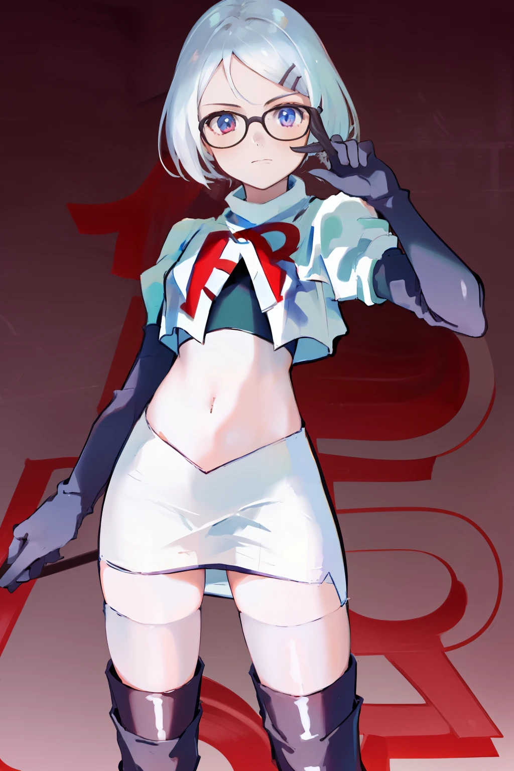 masterpiece, best quality, highres, 1girl glasses hairclip, team rocket,team rocket uniform, red letter R, white skirt,white crop top,black thigh-highs,black elbow gloves,