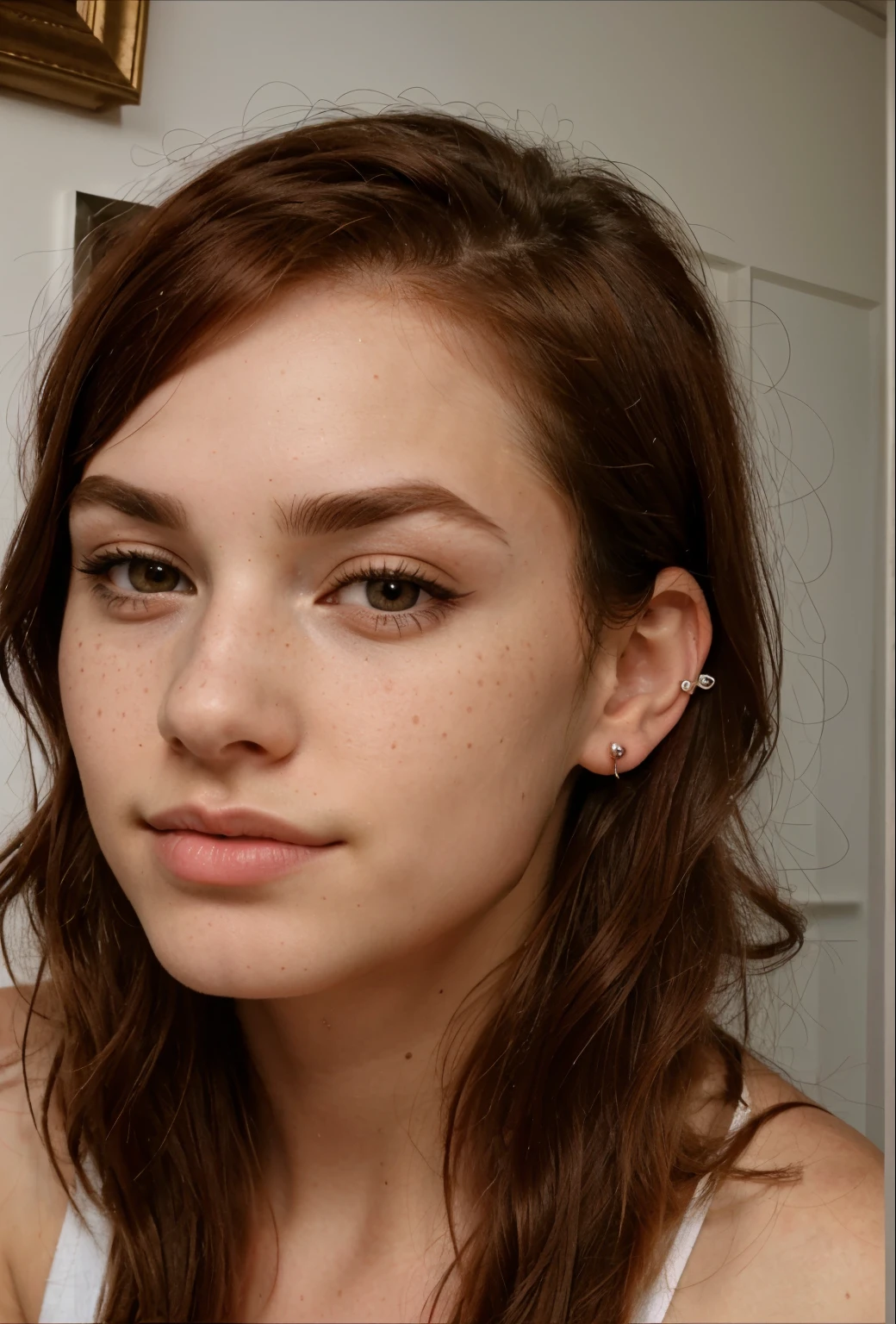 a close up of a woman with a nose piercing and a nose ring, septum piercing, androgynous face, nose piercing, small nose with freckles, freckles on the nose, pointy nose, small freckles, small lips pointy nose, perfect detailed face, facial piercings, cute freckles, piercing stare, thin button nose, buetifull, red hair, hair parted to the side,