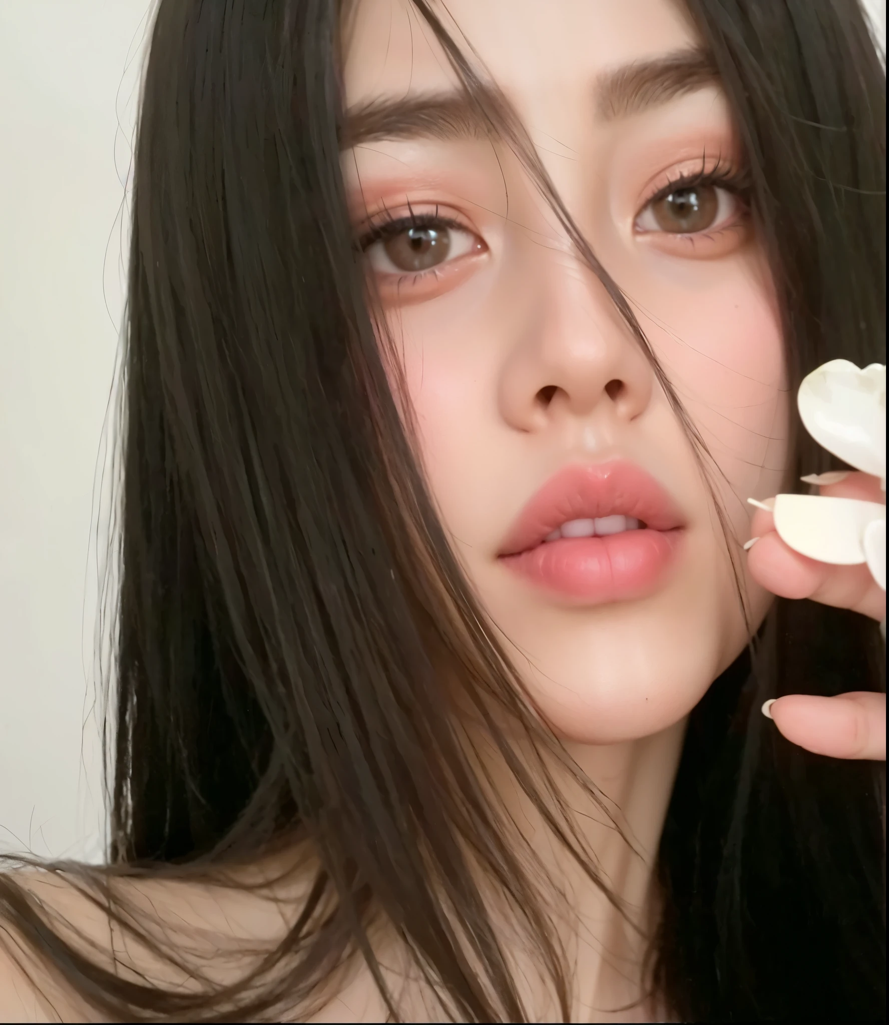 hay una mujer con el pelo largo y negro sosteniendo un trozo de papel, ulzzang, jennie rosa negro, hermosa mujer surcoreana, pale and light skin!!, maquillaje popular de corea del sur, rasgos de la cara coreana, thin pale lips, heonhwa choe, muchacha coreana, maquillaje coreano popular, labios claros y de alta calidad, jaeyeon nam, Jinyoung Shin, hermoso rostro estetico, New jeans Hanni