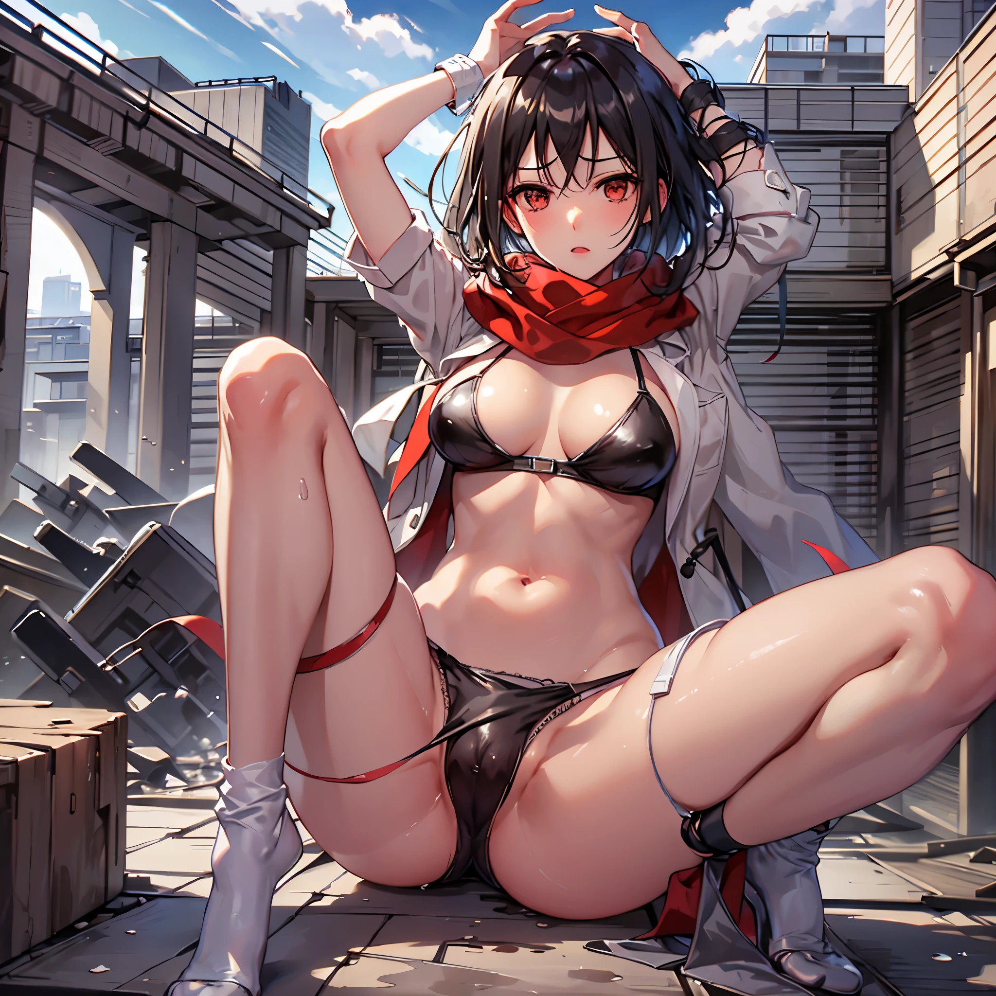 top quality,Masterpiece,8k,north african free trade area\,best quality,1 girl in,plan_ackerman,transparent panty,Wet panties,white underwear,red scarf,skyporn,Brody,Posture with legs open,action art,aiming at enemy,embarrassed face,shy face,rosy cheeks,sinister time,butyric acid,Minimalism,Impact art,ruins,