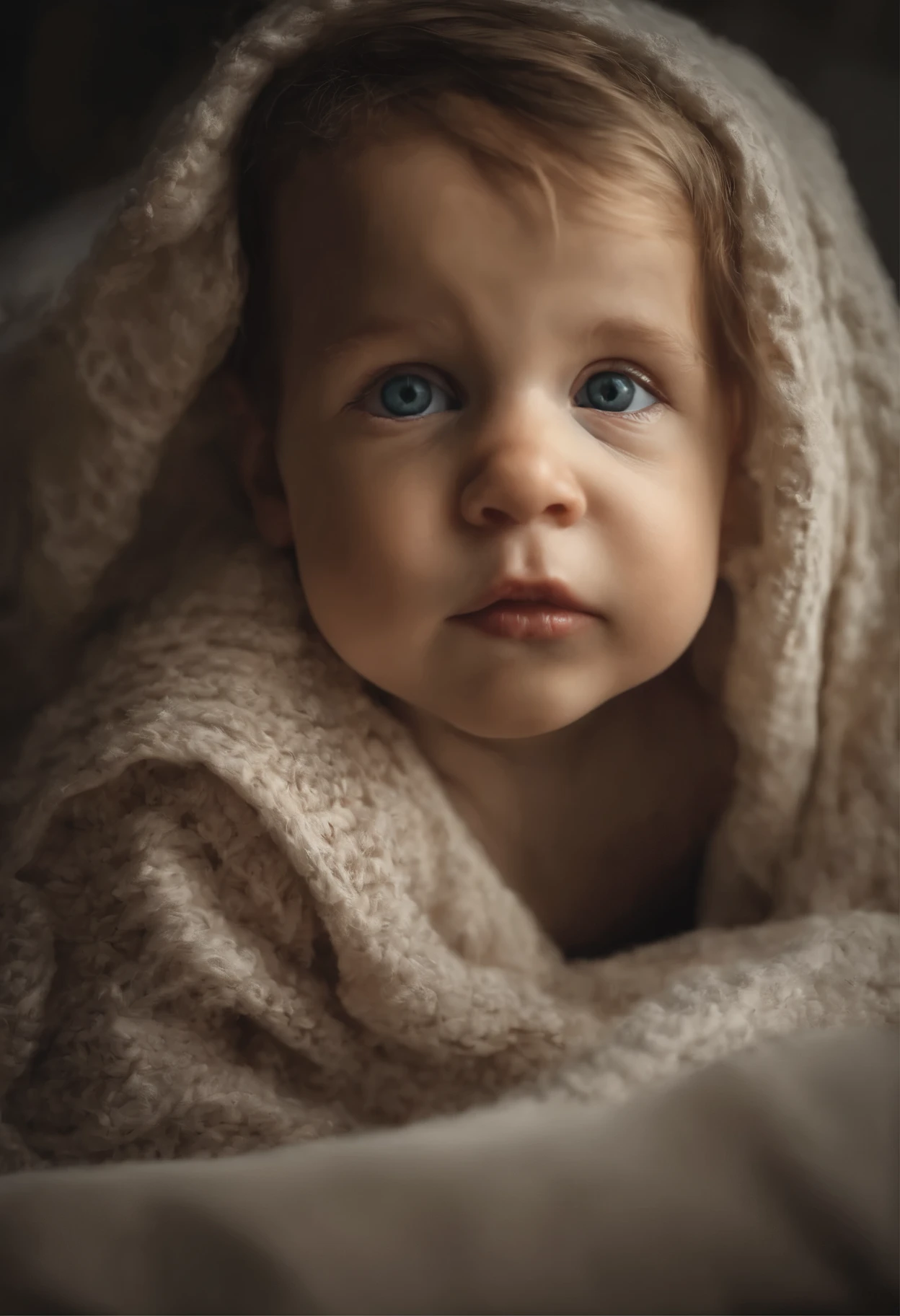 Close-up of a , child lying blanket with a surprised expression on his face, charming digital painting, soft portrait, Ultra-realistic digital painting, ultra realistic Digital art, Close portrait, soft portrait shot 8 k, inspired by Anne Geddes, portrait realistic photograph, Ultra-realistic portrait, Realistic Portrait Photo, Digital art. photo realistic, ultra realistic soft painting