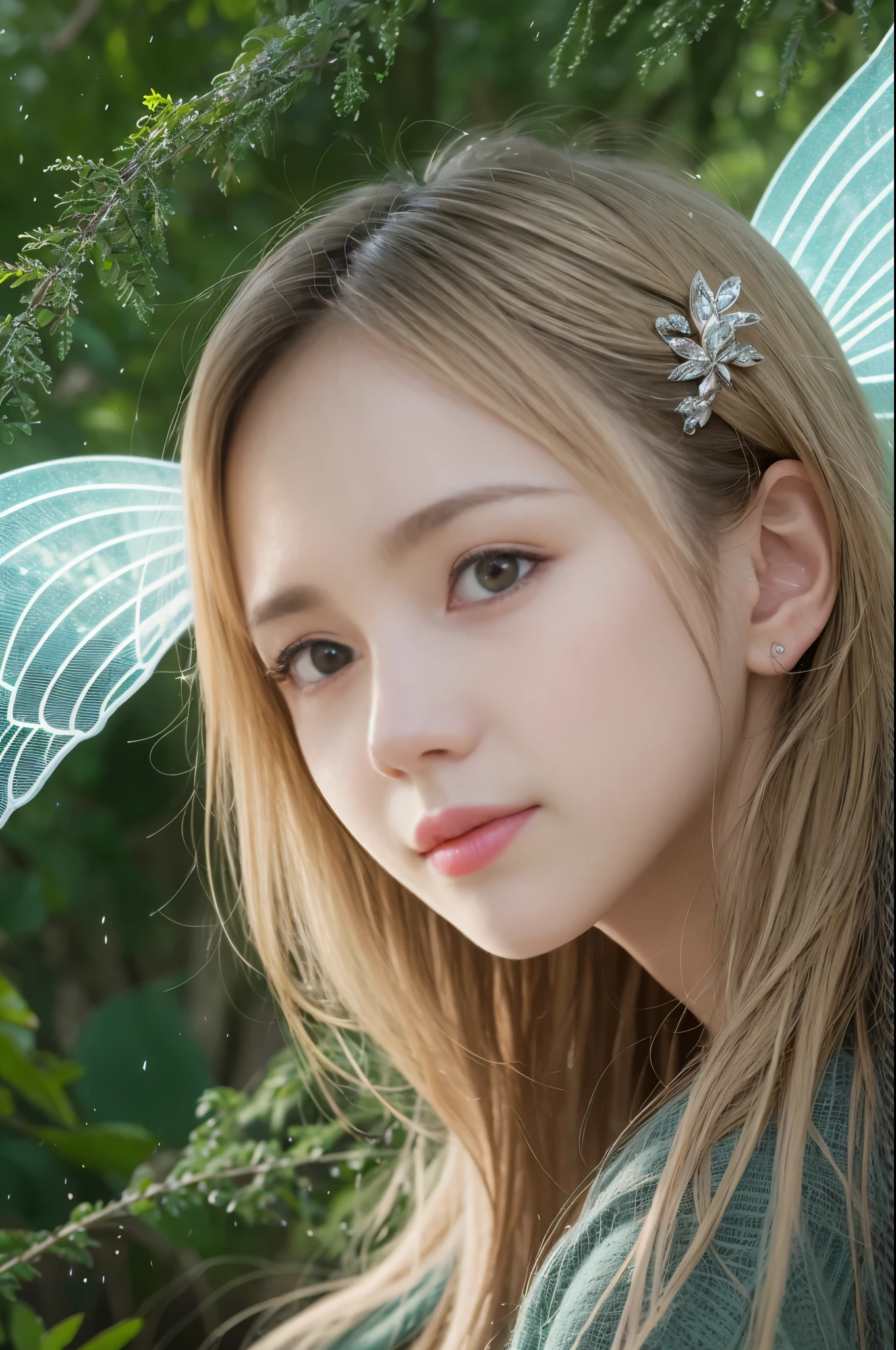 (8K、Live shooting、realistic:1.25)、1 girl、A fairy that looks like a with a beautiful face.、Floating in the air and looking down from above、fairy wings are transparent、in the dark forest、shy smile、whole body、luminous costume、lip gloss、Glossy skin、emerald green eyes、highest quality、ultra high resolution、