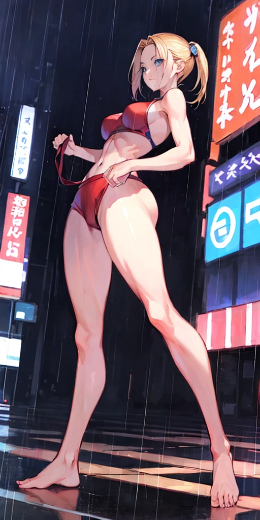 maryms,Best Quality,(beauty),masterpiece, 1girl,phisically-based render ,ultra highres,narrow waist, skinny,big eyes,long legs,(small breasts),puffy eyes, night,(rainy city), shiny skin, facing viewer, fighting stance, (make a fist),firm expression, muscular belly, bare feet, (((showing big ass and looking down))), (full body photo), standing, (twintails ), camera on the floor
