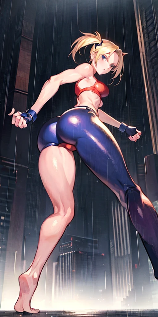 maryms,Best Quality,(beauty),masterpiece, 1girl,phisically-based render ,ultra highres,narrow waist, skinny,big eyes,long legs,(small breasts),puffy eyes, night,(rainy city), shiny skin, facing viewer, fighting stance, (make a fist),firm expression, muscular belly, bare feet, (((showing big ass and looking down))), (full body photo), standing, (twintails ), camera on the floor