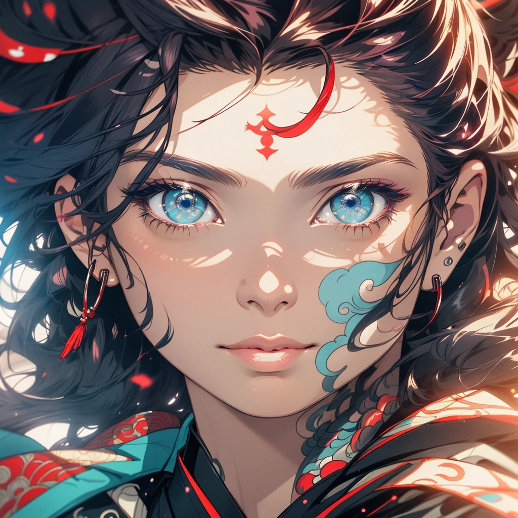 (((highest quality))),(((detailed eyes))),(((32k))),(1 girl),hair,(tattoo),cyber punk,kimono,((Luxurious and gorgeous)),Shiny skin,earrings,flashy,((Super beautiful woman)),(perfect face),Japanese sword,ultimate texture,official art,Ukiyo-e,stylish,photograph,perfect body,smile,Bewitching,Highest image quality,distinct,real,fantasy,(Near the future),ninja,perfect eyes,
