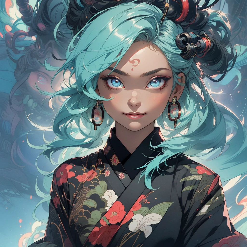 (((highest quality))),(((detailed eyes))),(((32k))),(1 girl),hair,(tattoo),cyber punk,kimono,((Luxurious and gorgeous)),Shiny skin,earrings,flashy,((Super beautiful woman)),(perfect face),Japanese sword,ultimate texture,official art,Ukiyo-e,stylish,photograph,perfect body,smile,Bewitching,Highest image quality,distinct,real,fantasy,(Near the future),ninja,perfect eyes,