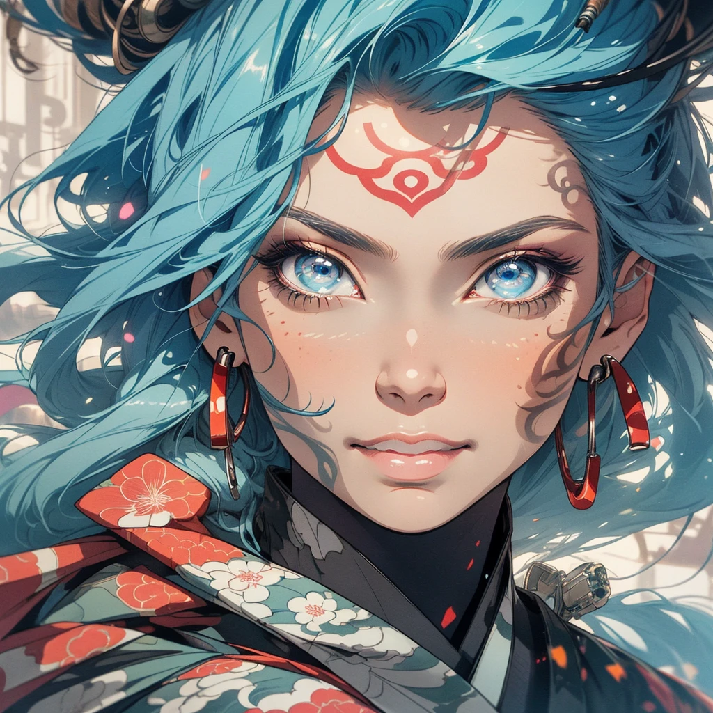 (((highest quality))),(((detailed eyes))),(((32k))),(1 girl),hair,(tattoo),cyber punk,kimono,((Luxurious and gorgeous)),Shiny skin,earrings,flashy,((Super beautiful woman)),(perfect face),Japanese sword,ultimate texture,official art,Ukiyo-e,stylish,photograph,perfect body,smile,Bewitching,Highest image quality,distinct,real,fantasy,(Near the future),ninja,perfect eyes,