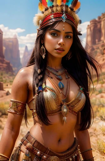 beautiful gorgeous glorious bollywood actress, desert background, in attractive tribal queen outfit, pretty face, beautiful glorious face, very fine face details, necklace, tribal queen crown, bright eyes, brown lipstick, thin nose, burgundy long wel arranged hair, nice legs, thick thigh, hourglass figure, perfect body, 4K details, ultra high resolution, skin fine details,