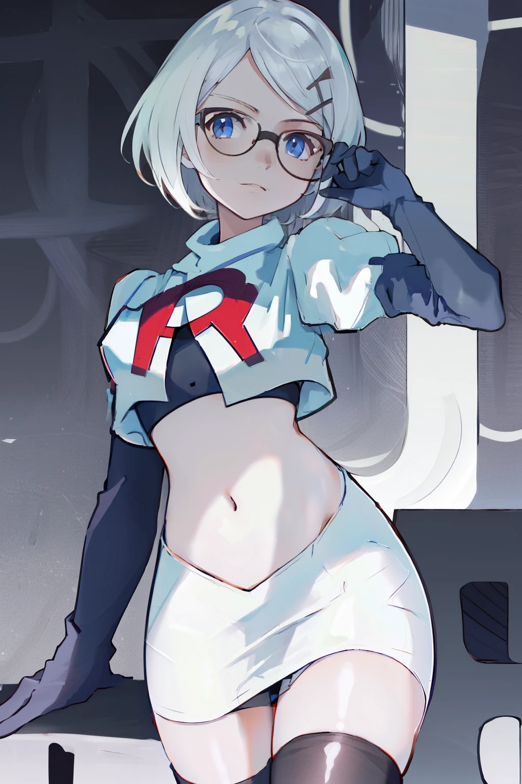 (Realistic painting style:1.1), masterpiece, best quality,  absurdres, looking at viewer, solo,kallen kaslana (sixth serenade), kallen kaslana, white hair, ahoge, 1girl, solo, blue eyes, braid, looking at viewer, gloves, smile, long hair, braided ponytail, bangs, hair between eyes, (large breasts:0.8), hair ornament, single braid, team rocket,team rocket uniform,white skirt,red letter R,crop top,black thigh-highs,black elbow gloves,