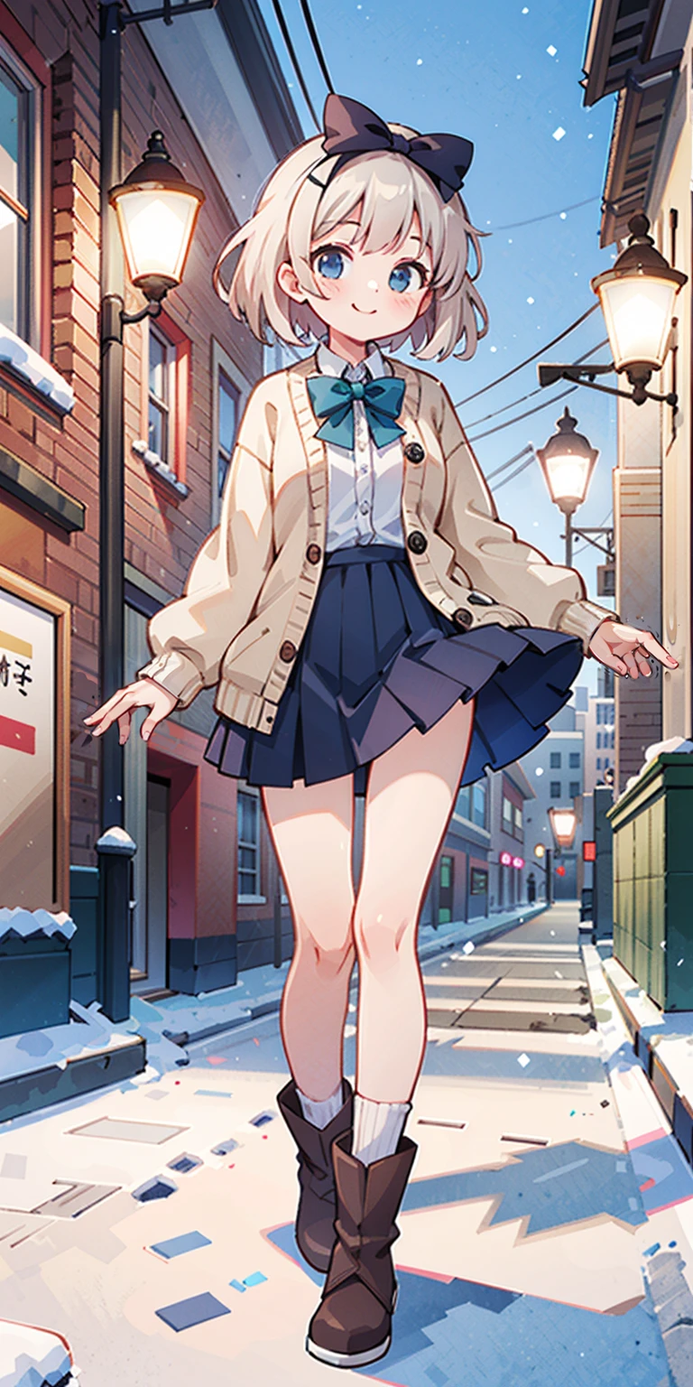 (masterpiece:1.2), best quality, highres, original, (extremely detailed:1.2), ultra-detailed, wallpaper, perfect lighting,(extremely detailed CG:1.2), 8k, anime illustration, 1girl, solo, smiling, (winter outfit:1.2), standing on the street, (knit cardigan:1.1), (bowknot on cardigan:1.25), knee-length skirt, (Ruffled hemline:1.3), winter boots, {delicate|detailed}clothes, (anatomically correct:1.34), close-up, full-body, looking at viewer, frontal, snowy street, (streetlight:1.17), city background, night, unity 4k