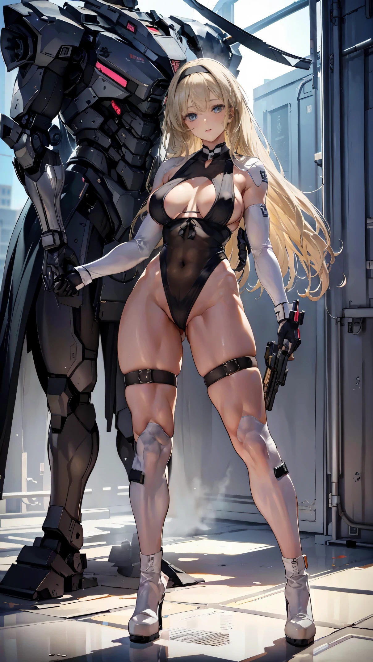 8K, 4k, highest quality, High resolution: 1.2), (masterful, realistic, Photoreal: 1.4), 1 woman, Older sister's atmosphere、beautiful face, she has a bright smile、Shining Lipin Eyes, beholder, Fair skin, white skin: 1.5), Fine complexion, big, big, blonde hair、headband bangs, , young, s asack-view、big ass、super breasts、H cup、lower hair、Rear view、exposed nipples、T-back that digs into your butt、wear a white thong、emphasize the buttocks、white collar thong、cute long hairstyle、wear high heel boots、A woman standing in front of a giant robot、There's a giant robot standing in the background、A female partner robot is next to you.、she's in the hangar、wearing an arm cover、I'm not wearing anything、Have an assault rifle、Hold an assault rifle