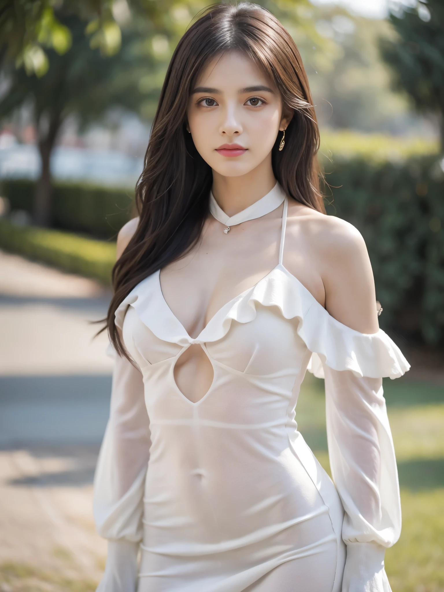 Obra maestra, La mejor calidad, ultra-high resolution, Foto de alto detalle, Unidad 8K Fondo de pantalla, CG extremadamente detallado:1.2),(Foto RAW:1.realistic photography:1.4), 1girll , joven, physically based representation, beautiful, (Cara finamente detallada:1.4, Ropa detallada), (Detallado:1.4) Cara hermosa, Profundidad de campo, Agregar capa, hiperrealista, 27 years old, Modelo de cuerpo perfecto, senos perfectos, 175cm de altura, pose sexy, cuerpo completo, Tipo de cuerpo del modelo, Long-Sleeve Halter Neck Cold Shoulder Plain Fluffy Trim Ruffle Slit Midi Bodycon Dress, Cabello largo, (Eimi Fukada), doble parpado, depth of field, bokeh,