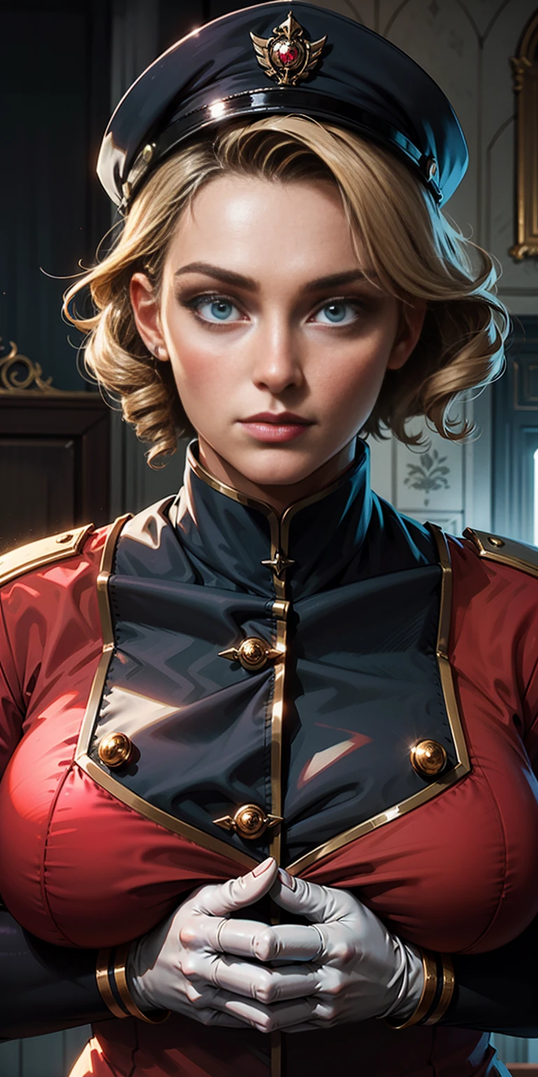 Best image quality, 4k, masterpiece, male, short hair, beautiful mature gentleness, light brown hair, light blue eyes, sharp eyes looking at the camera, face focus, delicate facial features, black uniform, white gloves hat, arms holding, artistic lighting, portraiture, face magnification, [elegant demeanor, dignified atmosphere and excellent posture that catches the eye + beautiful face + portrait painting effect]. pov hand, breast grab, big breast, female perfect face, full-body close-up, long twin drill hair, pink outfit, blonde, pettite female face, standing
