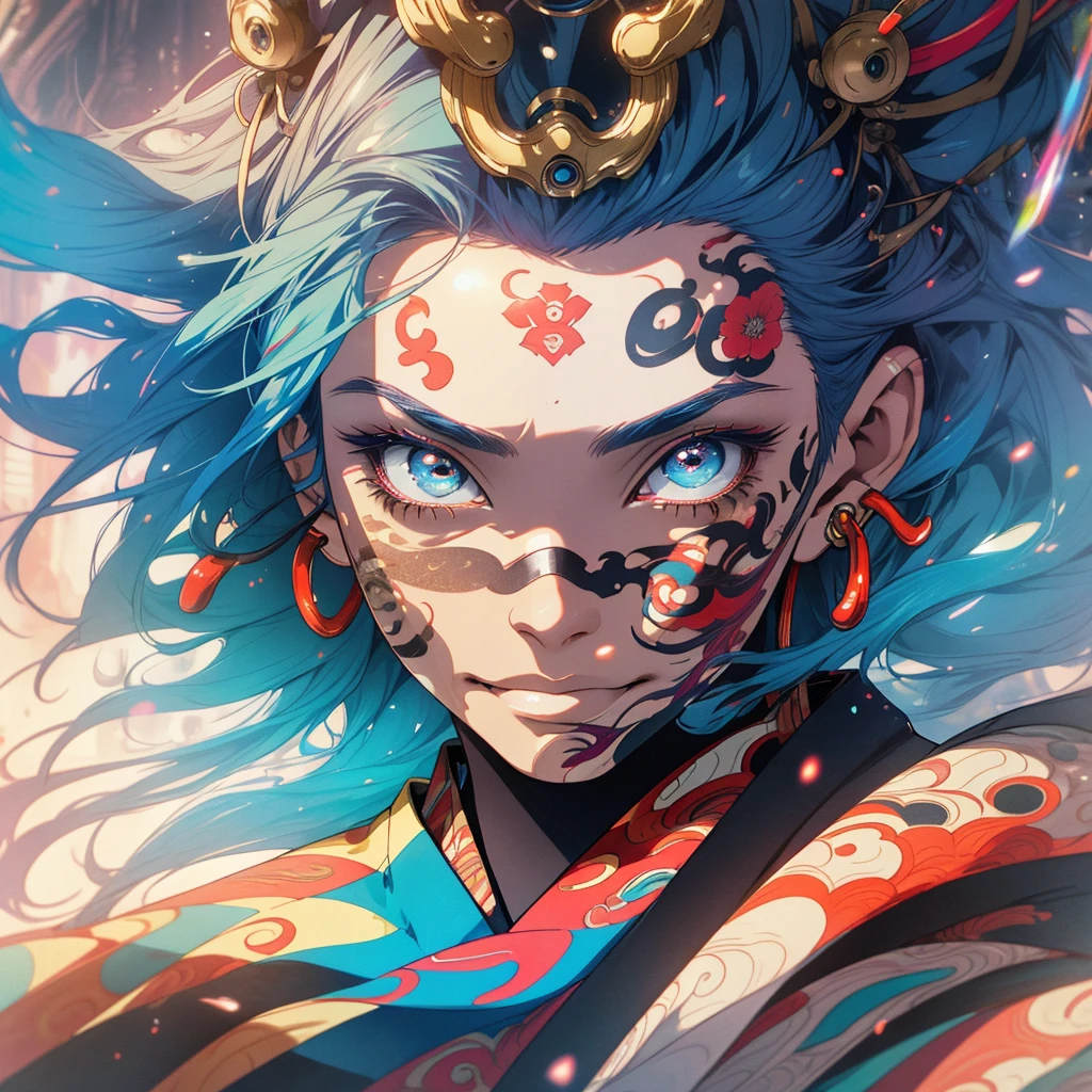 (((highest quality))),(((detailed eyes))),(((32k))),(1 girl),rainbow colored hair,(Japanese tattoo),(cyber punk),Rainbow kimono,((Luxurious and gorgeous)),Shiny skin,earrings,flashy,((Super beautiful woman)),perfect face,Japanese sword,ultimate texture,official art,Ukiyo-e,stylish,photograph,perfect body,smile,Bewitching,Highest image quality,distinct,real,fantasy,Near the future,Hannya mask,Fox mask,ninja,perfect eyes,