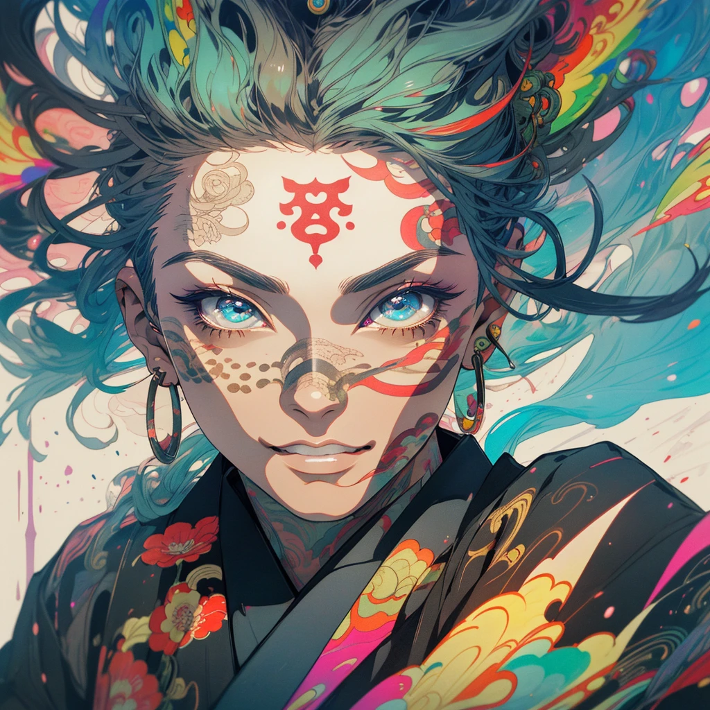 (((highest quality))),(((detailed eyes))),(((32k))),(1 girl),rainbow colored hair,(Japanese tattoo),(cyber punk),Rainbow kimono,((Luxurious and gorgeous)),Shiny skin,earrings,flashy,((Super beautiful woman)),perfect face,Japanese sword,ultimate texture,official art,Ukiyo-e,stylish,photograph,perfect body,smile,Bewitching,Highest image quality,distinct,real,fantasy,Near the future,Hannya mask,Fox mask,ninja,perfect eyes,