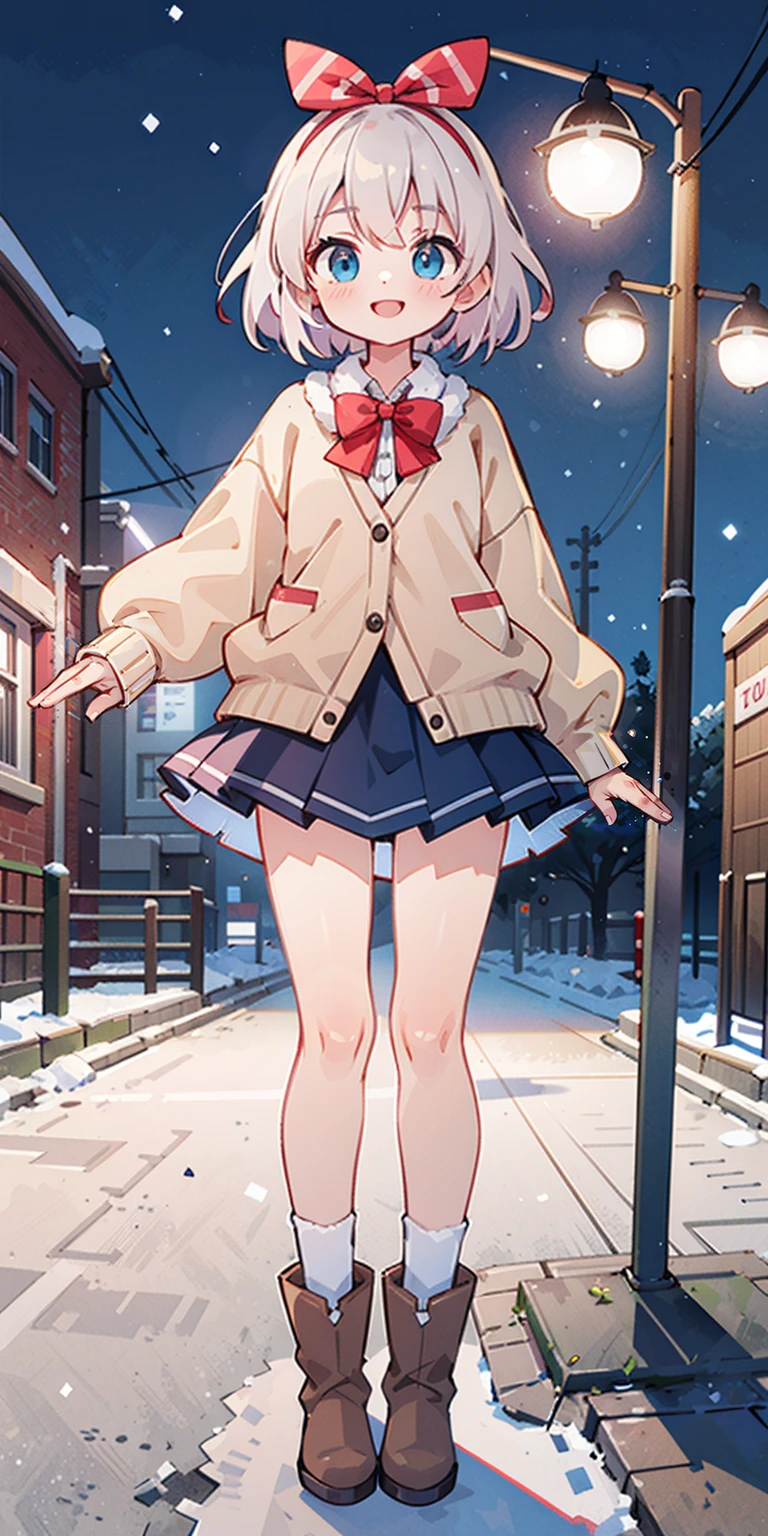 (masterpiece:1.2), best quality, highres, original, (extremely detailed:1.2), ultra-detailed, wallpaper, perfect lighting,(extremely detailed CG:1.2), 8k, anime illustration, 1girl, solo, smiling, (winter outfit:1.2), standing on the street, (knit cardigan:1.1), (bowknot on cardigan:1.25), knee-length skirt, (Ruffled hemline:1.3), winter boots, {delicate|detailed}clothes, (anatomically correct:1.34), close-up, full-body, looking at viewer, frontal, snowy street, (streetlight:1.17), city background, night, unity 4k