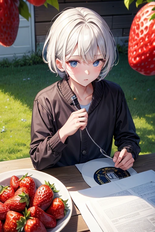 a handsome guy、strawberry picking、Silver short-haired、long sleeve、Vinyl house in strawberry field、High resolution、In 8K、sharp focus、zoom、with the best image quality