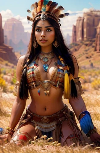 beautiful gorgeous glorious bollywood actress, desert background, in attractive tribal queen outfit, pretty face, beautiful glorious face, very fine face details, necklace, tribal queen crown, bright eyes, brown lipstick, thin nose, burgundy long wel arranged hair, nice legs, thick thigh, hourglass figure, perfect body, 4K details, ultra high resolution, skin fine details,