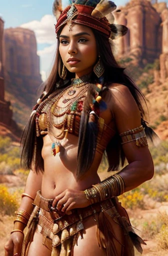 beautiful gorgeous glorious bollywood actress, desert background, in attractive tribal queen outfit, pretty face, beautiful glorious face, very fine face details, necklace, tribal queen crown, bright eyes, brown lipstick, thin nose, burgundy long wel arranged hair, nice legs, thick thigh, hourglass figure, perfect body, 4K details, ultra high resolution, skin fine details,