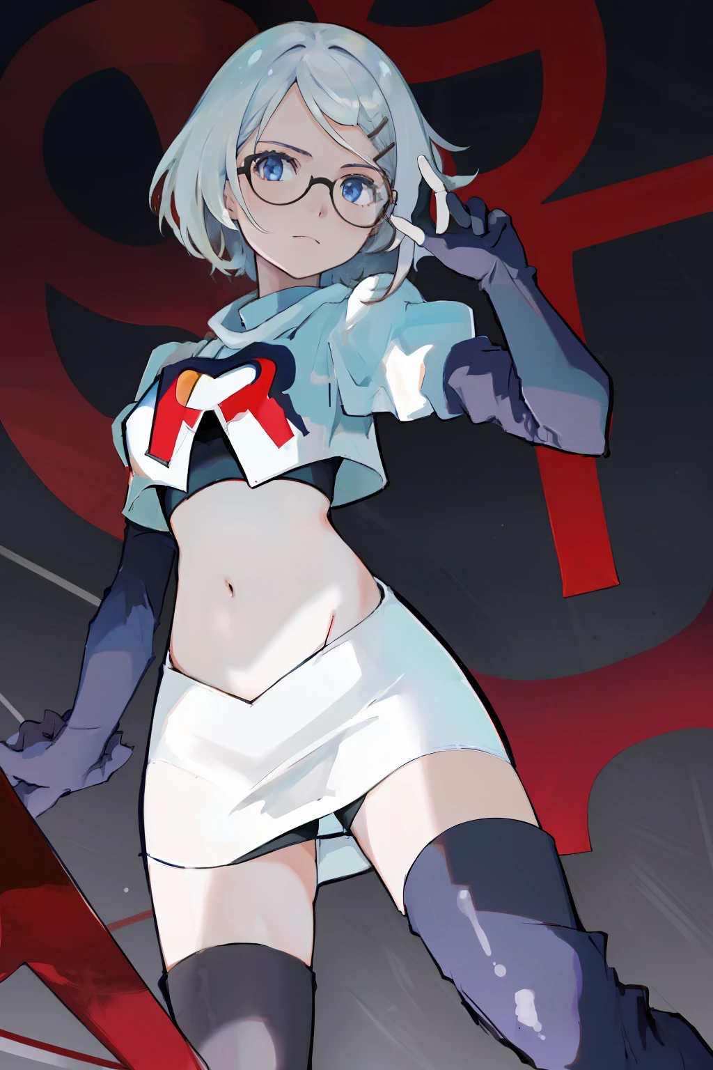 masterpiece, best quality, highres, 1girl glasses hairclip, team rocket,team rocket uniform, red letter R, white skirt,white crop top,black thigh-highs,black elbow gloves,