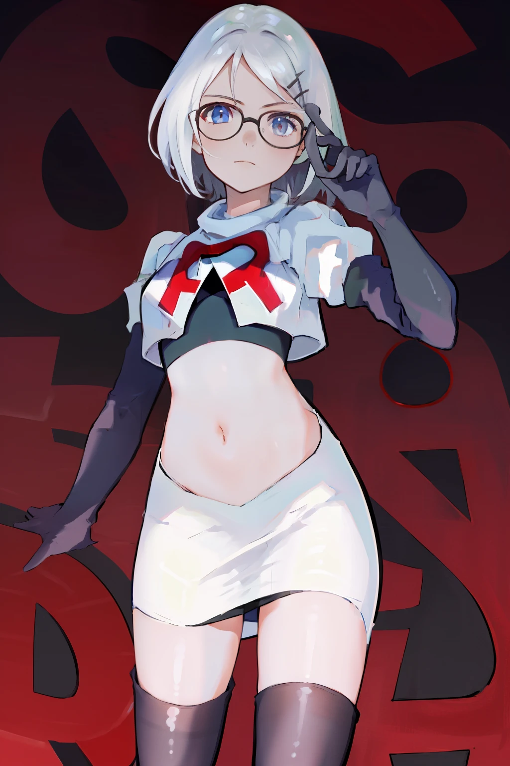 masterpiece, best quality, highres, 1girl glasses hairclip, team rocket,team rocket uniform, red letter R, white skirt,white crop top,black thigh-highs,black elbow gloves,