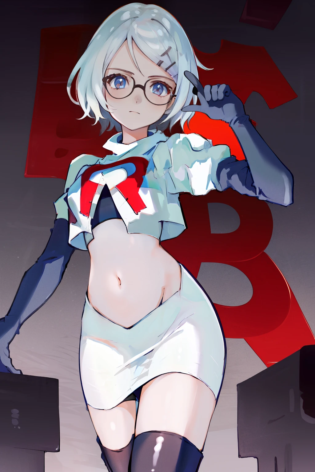 masterpiece, best quality, highres, 1girl glasses hairclip, team rocket,team rocket uniform, red letter R, white skirt,white crop top,black thigh-highs,black elbow gloves,