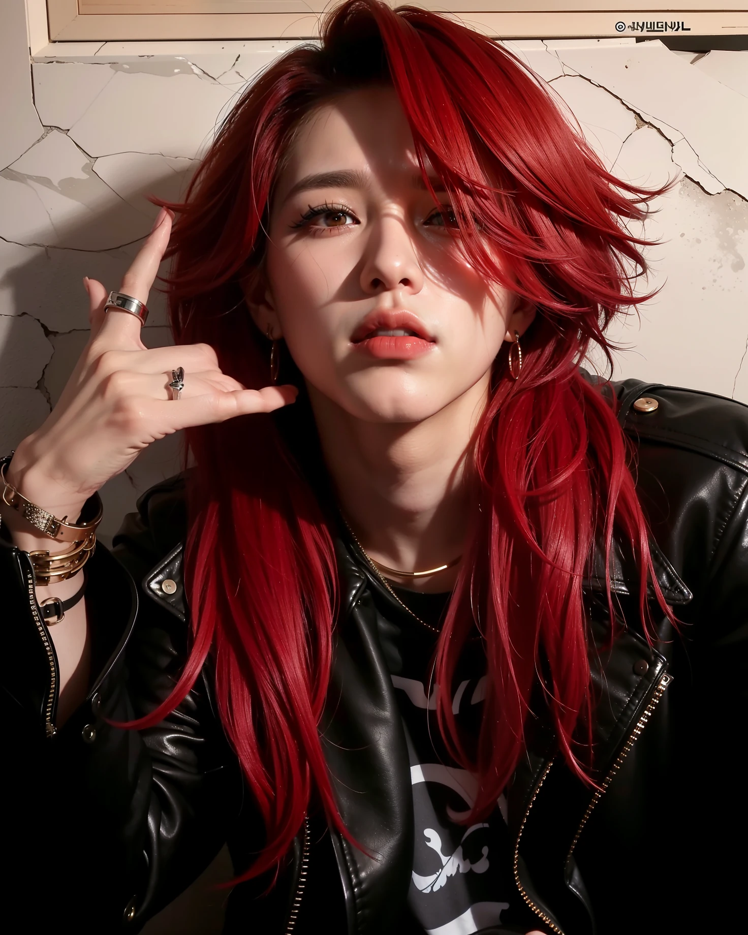a close up of a person com cabelo vermelho and a black jacket, messy and spiky red hair, com cabelo ruivo, com longos cabelos vermelhos, Park Jimin do bts, cute korean demon boy, cabelos tingidos de vermelho