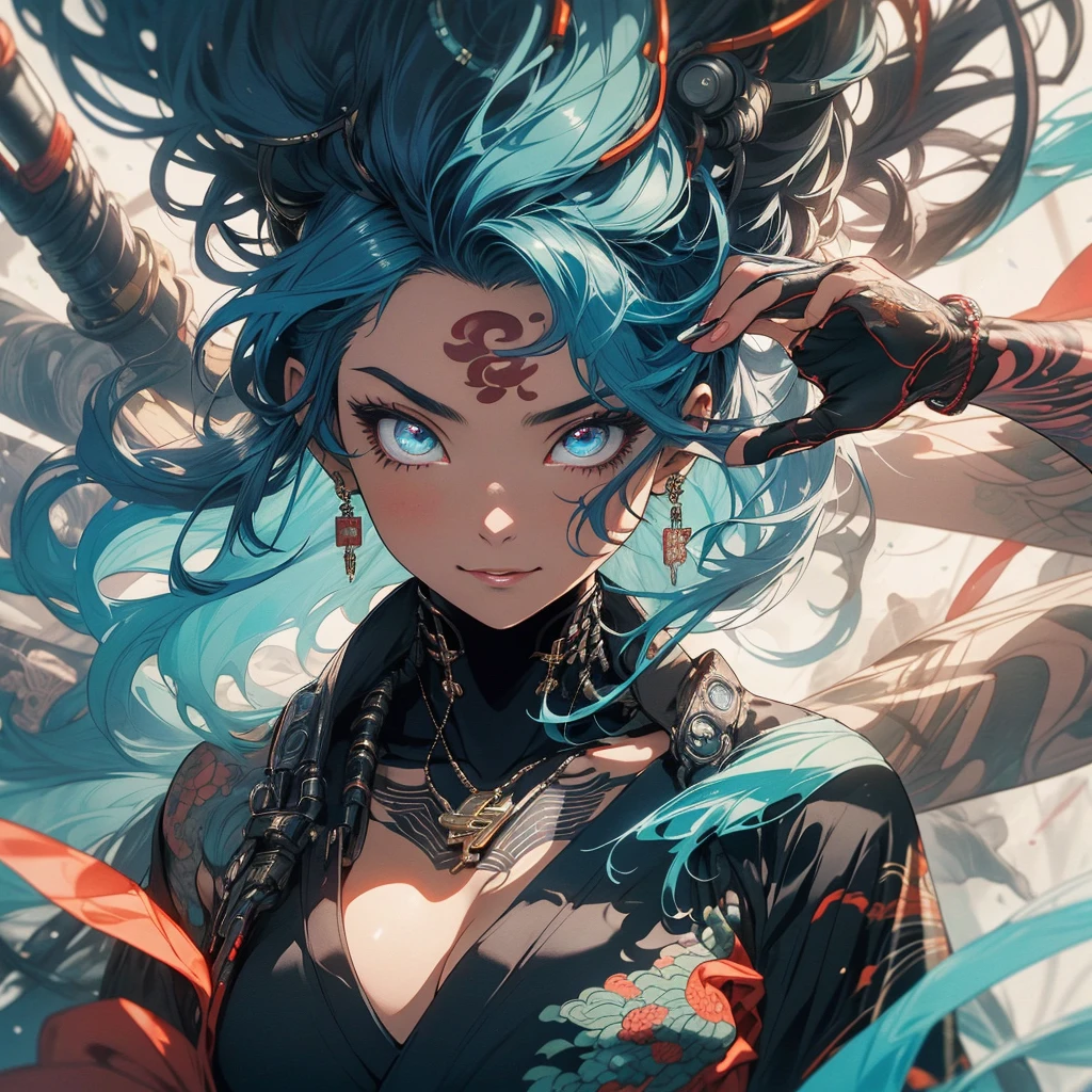 (((highest quality))),(((detailed eyes))),(((32k))),(1 girl),hair,(tattoo),(cyber punk),kimono,((Luxurious and gorgeous)),Shiny skin,earrings,flashy,((Super beautiful woman)),(perfect face),Japanese sword,ultimate texture,official art,Ukiyo-e,stylish,photograph,perfect body,smile,Bewitching,Highest image quality,distinct,real,fantasy,(Near the future),ninja,perfect eyes,big breasts,cleavage,