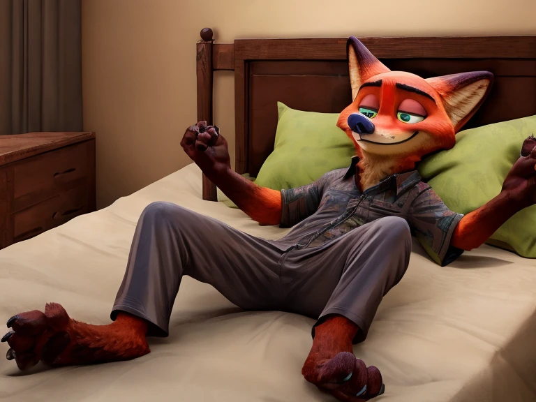 Barefoot hypnotised Nick Wilde is lying on a bed with his arms and legs spread, wearing black pyjamas, handcuffed to the bed by his wrists and ankles, detailed nice big paws with claws and toe ring, in a trance, a look of weak resistance to hypnosis on his face, drooling, green glow in his eyes, visible soles.