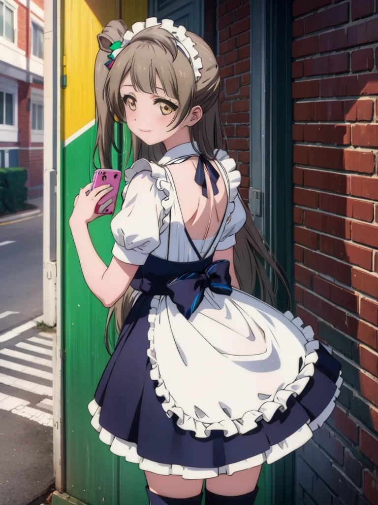 (((pixel perfect, Perfection with attention to detail))), alone, 1 girl, Kotori Minami,  smile,Maid clothes, maid headdress, maid apron、long skirt,boots,coffee shop,show me your back,turn around,Close one eye and wink