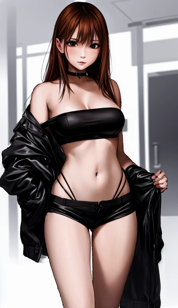 A beautiful adult woman with shoulder-length big breasts, beautiful legs, and a sharp face is standing with middle-aged men in suits on a crowded train wearing a black tube top that exposes her navel and hot pants shaped like black panties.。