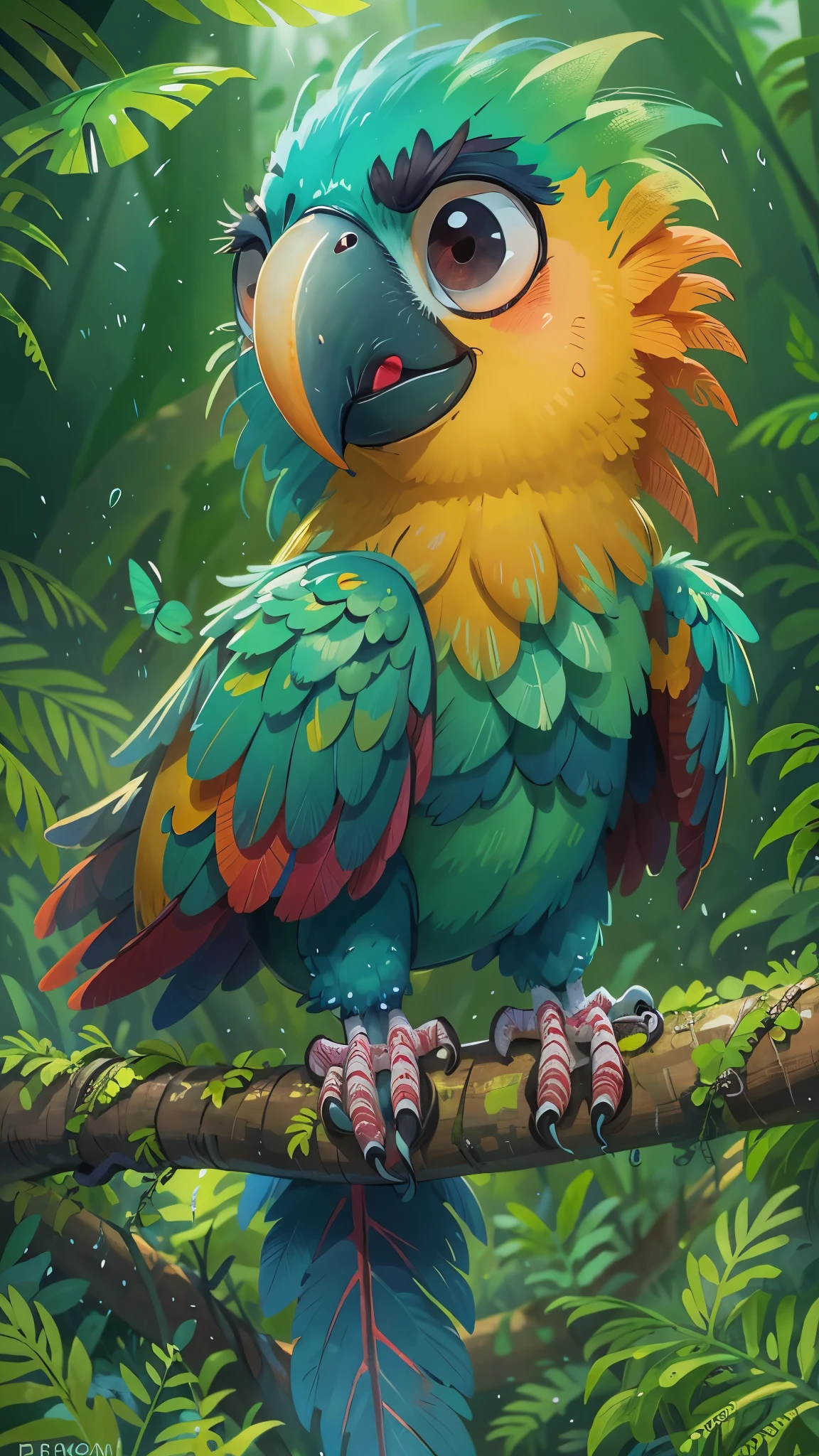 A cute parrot,Playing in the rainforespreads its wings,Fly, close up, Pixar style, best quality, stills, very cute, big eyes, Birds and flowers around, Rainforest, high details, high quality, masterpiece, ccurate, super detail,