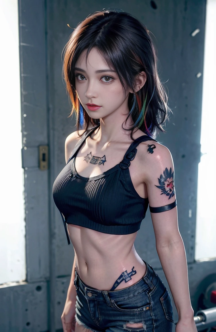 ((Medium chest, Tomboy, small head)),  (chiseled abs : 1.1), (perfect body : 1.1), (short wavy hair : 1.2) , auburn hair, collar, Lock, full body shot, crowded street, wearing black tanktop, jean jacket, (torn clothes:1.3)((shorts)), (Highly detailed CG 8k wallpaper), (very delicate and beautiful), (masterpiece), (highest quality:1.0), (ultra High resolution:1.0),  beautiful lighting ,perfect lightning, realistic shadow, [High resolution], fine skin, super detailed (((colorful))),(tattoo all:1.5),