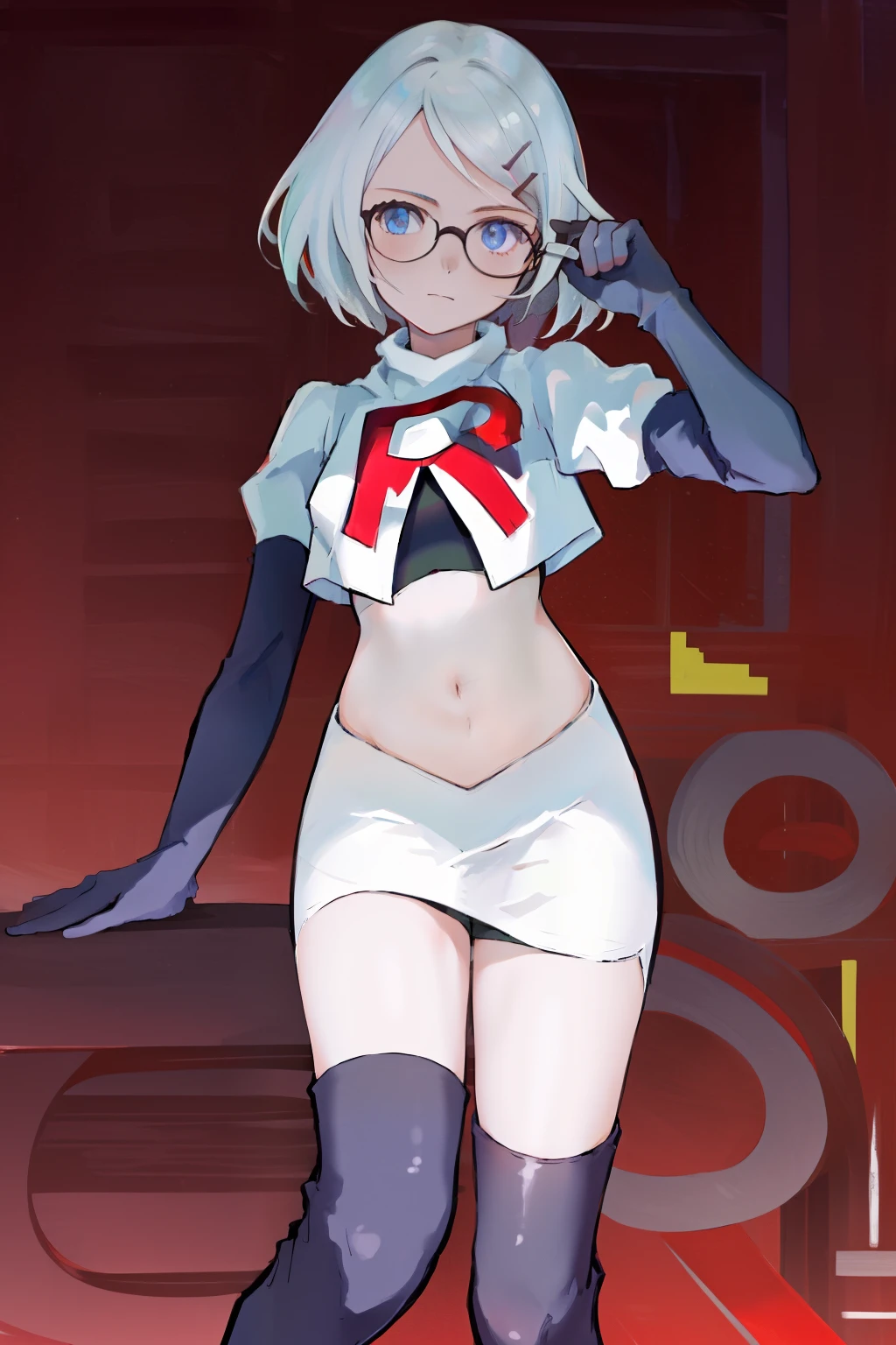 masterpiece, best quality, highres, 1girl glasses hairclip, team rocket,team rocket uniform, red letter R, white skirt,white crop top,black thigh-highs,black elbow gloves,