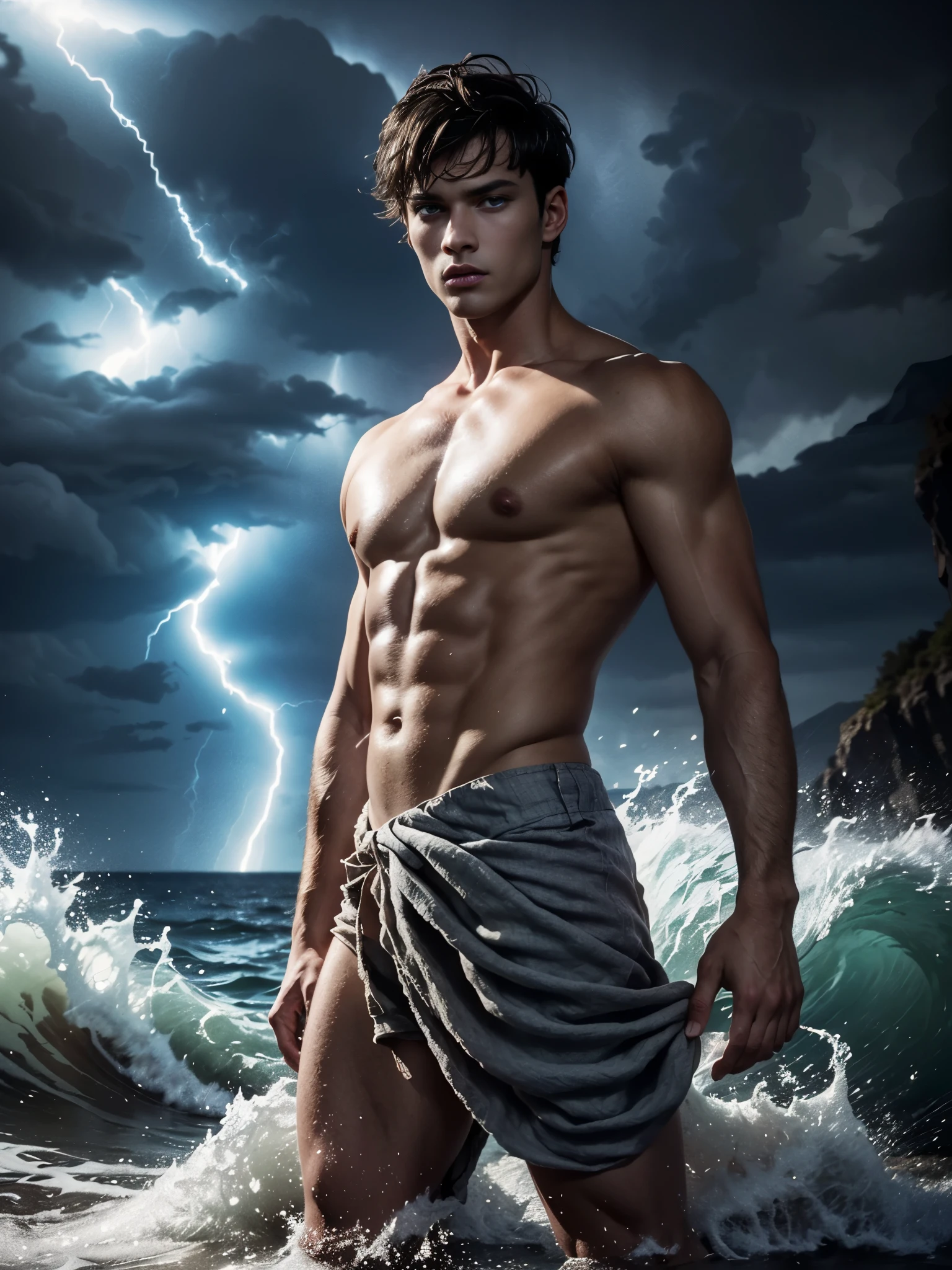 ((masterpiece)),((best quality)),8k, high detailed, ultra-detailed, Stylish Pose, real skin texture, dark cinematic lighting, 18-year-old italian male model, handsome, cute looking, divine look, powerful , (blue eyes:1.4), (god Poseidon:1.3), god of the seas, Neptune, godly, hydrokinesis, bending water, displaying the ability to manipulate water, creating massive waves and bend water, white pale skin, roman god physic, intense, blue eyes, (dry short hair:1.8), dry short brown messy hair, strong jawline, masculine, muscular, defined fit body, hairless chest, shirtless, pantless, open sea, sinister aesthetic, black storm clouds, lightning clouds, deep blue ocean waves, (night dark storm:1.6), barelegged, barefoot, antique cloth, antique linen spartan skirt, (linen antique draped cloth:1.6),,,,, dim light, dark atmosphere, cinematic lighting, Depth of field, award-winning photography, elegant, hyperrealistic, octane render, unreal, high definition, 8k resolution, highly detailed, 8k uhd, professional lighting, photon mapping, radiosity, physically-based rendering
